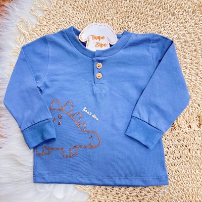 Conj. Blusa Manga Longa Baby Dino e Calça de Moletom - Azul Jeans e Areia